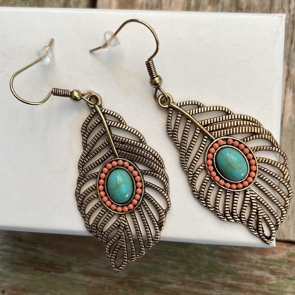 Feather Turquoise Stone Silver Drop Earrings - Picture 7 of 14